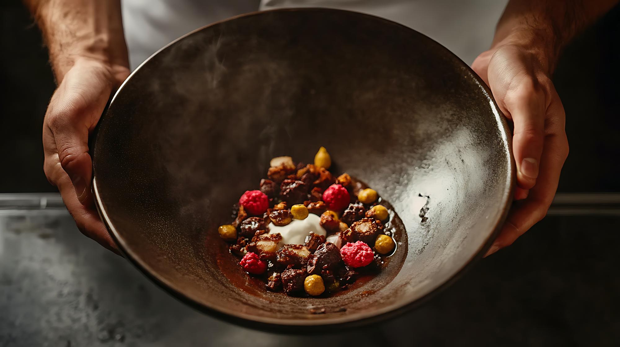 Chef arranging simple rustic dish on plate